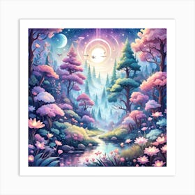 A Fantasy Forest With Twinkling Stars In Pastel Tone Square Composition 444 Art Print