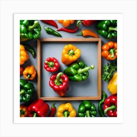 Colorful Peppers In A Wooden Frame 3 Art Print