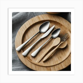 Wooden Plate With Silverware Art Print