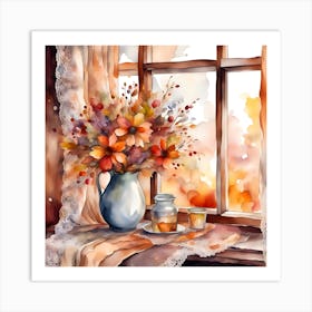 Watercolor Autumn Flowers On The Window Sill Art Print