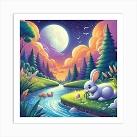 Rabbit Eating Grass By A Stream Art Print