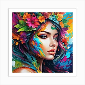 Colorful Girl With Flowers 1 Art Print