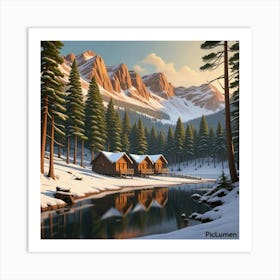 Forest wooden huts tree pine reveir snow Art Print