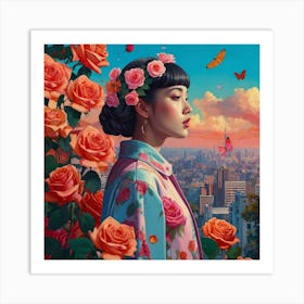 Asian Girl With Roses Art Print