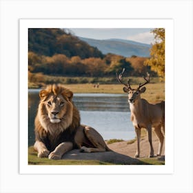 Lion And Deer Sitting At One Place Art Print