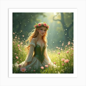 Elven Princess With A Crown Of Flowers In A Sparkling, Enchanted Meadow 1 Art Print