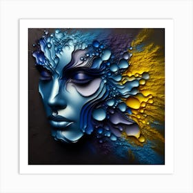 Portrait Of An Abstract Woman's Face - An Embossed Artwork In Shades Of Blue, And Yellow Metal Work On Charcoal Background. Art Print