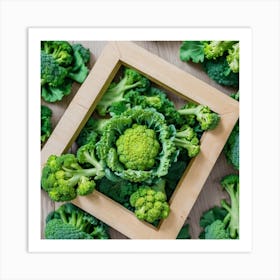 Green Broccoli In A Wooden Frame Art Print