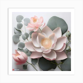 Firefly A Combination Of Lotus Flowers And Eucalyptus Leaves In Pale Pink And Gray, Spaced Out With (1) 1 Art Print