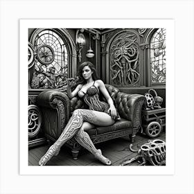 Steampunk Risqué Lady Monochrome Cubism Style Art Print