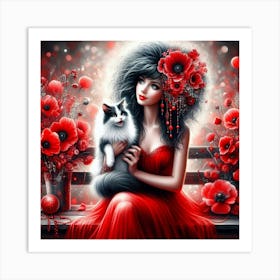 Poppies And Cat Art Print