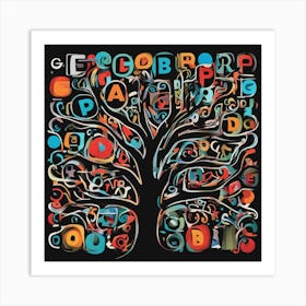 An Image Of A Tree With Letters On A Black Background, In The Style Of Bold Lines, Vivid Colors, Gra Art Print