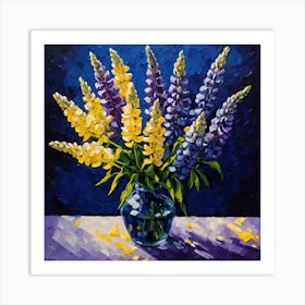 Purple and Yellow Lupins in Glass Vase Art Print