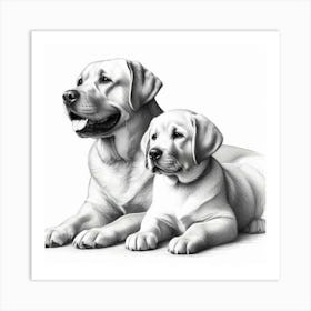 Pencil drawing of Labrador Retriever Mother and puppy Art Print