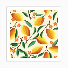 Sunny Lemon Pattern With Florals Square Art Print