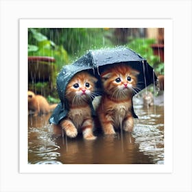 Cute Kittens In The Rain 1 Art Print