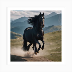 Black Horse Galloping Art Print