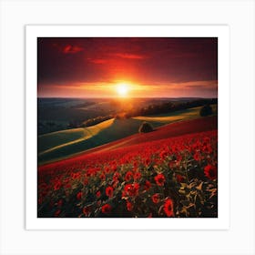 Sunset Over A Field Of Flowers Art Print