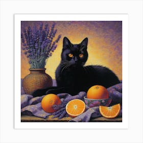 Black Cat and Flowers: A Pointillist Painting Inspired by Henri Edmond Cross 1 Art Print