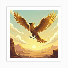 Griffin With Golden Feathers Soaring Over A Desert 1 Art Print