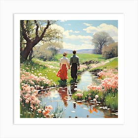 Couple Walking By A Stream Art Print