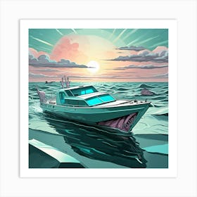 Futuristic Family Fun Boat Cubism Style Art Print