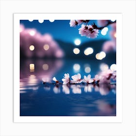 Pink Cherry Blossom on the Cobalt Blue Lake Art Print