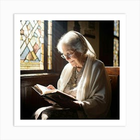 An Elderly Woman Of Faith Dressed In A White Cardigan Is Absorbed In Reading The Holy Bible Her H (4) Art Print