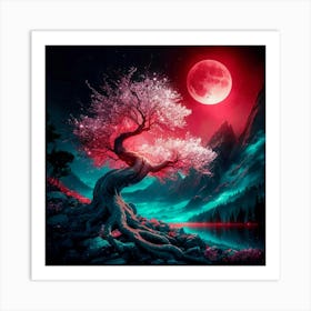 Cherry Blossom Tree At Night Art Print