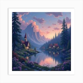 Watercolor Twilight Over A Fairy Tale Village 1 Art Print