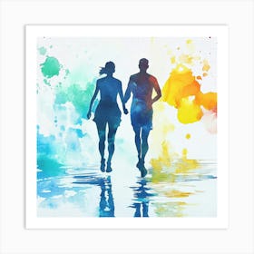 Couple Running On Water Splashes Art Print