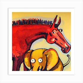 Red Horse And Yellow Elephant At Play Art Print