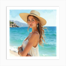 A Stunning Watercolor Painting Of A Greek Woman With A Serene Ocean View In The Background 1 Art Print