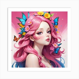 Pink Haired Girl With Butterflies 1 Art Print