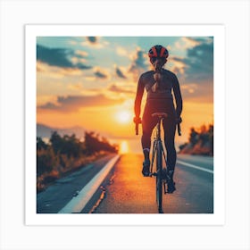 Woman Cyclist On The Road At Sunset Art Print