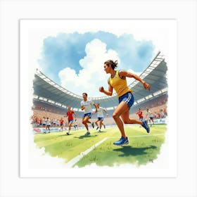 Dynamic Sports Event In Watercolor, With Athletes And Cheering Crowds Art Print