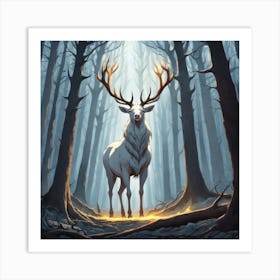 A White Stag In A Fog Forest In Minimalist Style Square Composition 10 Art Print