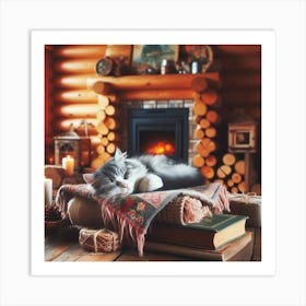 Cat Sleeping In Front Of Fireplace Art Print