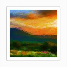 Green hills and orange sunset Art Print