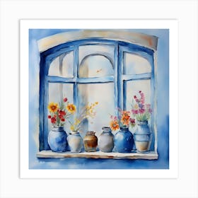 Blue wall. Open window. From inside an old-style room. Silver in the middle. There are several small pottery jars next to the window. There are flowers in the jars Spring oil colors. Wall painting.61 Art Print