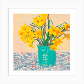 Yellow Daffodils In A Teal Salt Jar Square Art Print