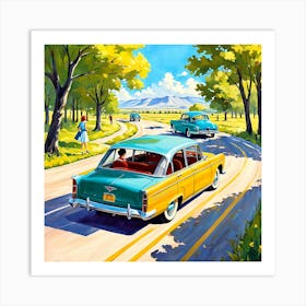 90's cars, A Nostalgic Painting Of A Classic 1960s Family Road Trip art print 21 Art Print