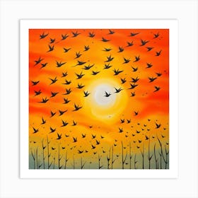 Flock Of Birds At Sunset Art Print