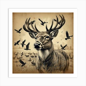 Deer With Birds Art Print