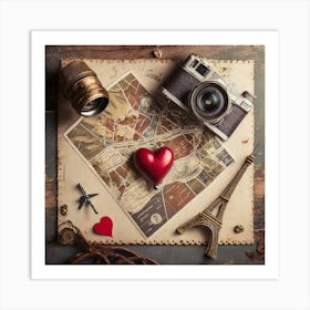 Firefly A Paris, France Vintage Travel Flatlay, Camera, Small Red Heart, Map, Stamp, Flight, Airplan Art Print