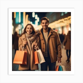 Photo Happy Couple With Shopping Bags Enjoying Night At City 0 Art Print