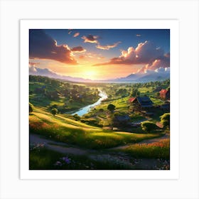 A Serene Village Landscape With Lush Green Fields And Colorful Houses Depicting The Picturesque Set(2) Art Print