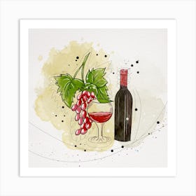 Watercolor Wine Bottle And Grapes Art Print