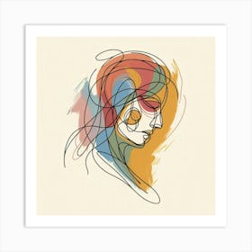A Pensive Human Head - Creative Color Line Drawing Art Print