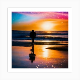 Person Walking On The Beach At Sunset Art Print